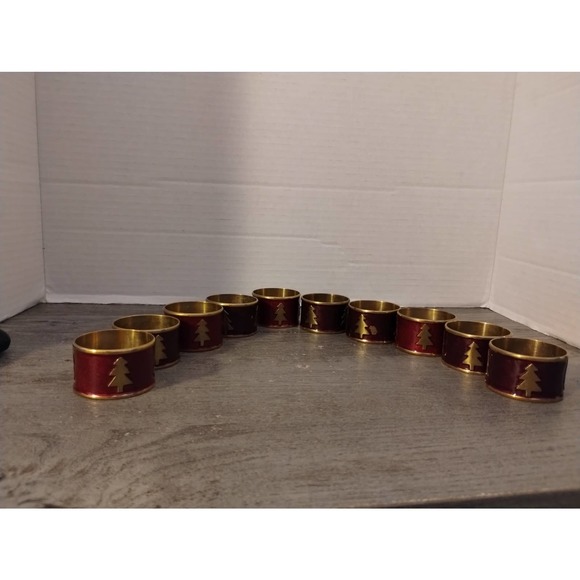 Set Of 10 Christmas Red Enameled Napkin Rings With Tree - Picture 5 of 6